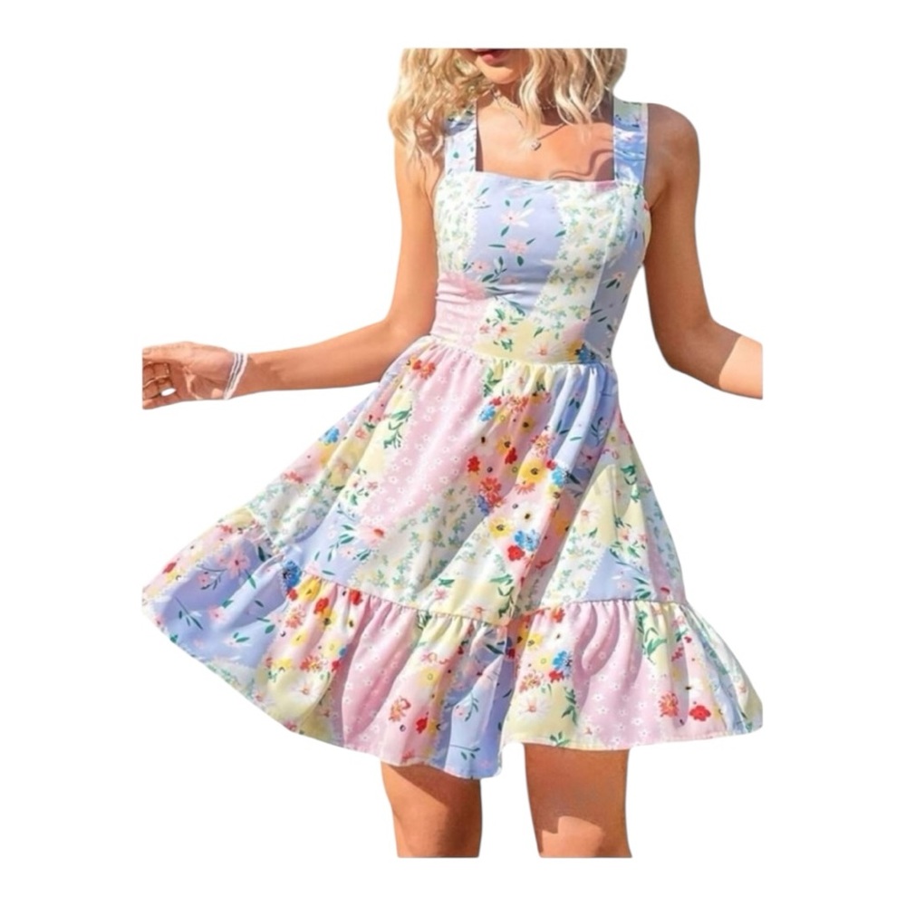 Shein Dreamara Patchwork Floral Tie Back Sundress Size Large